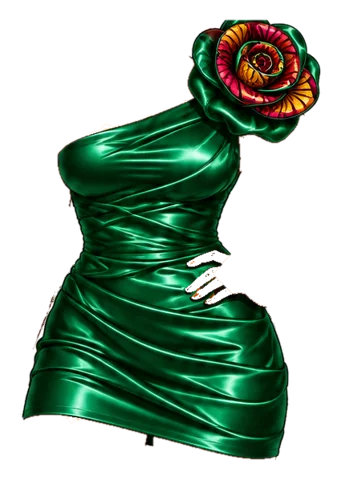 Emerald satin one-shoulder mini from the Glamour Girls wardrobe