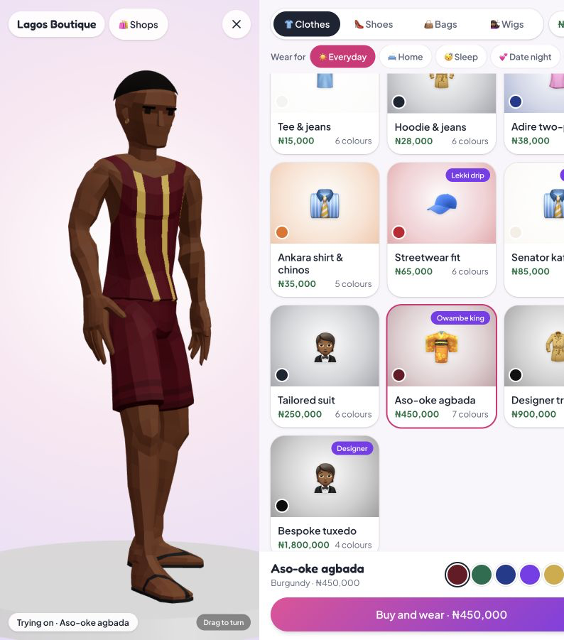 Aso-oke agbada selected in the Lagos Life try-on with Buy and wear button