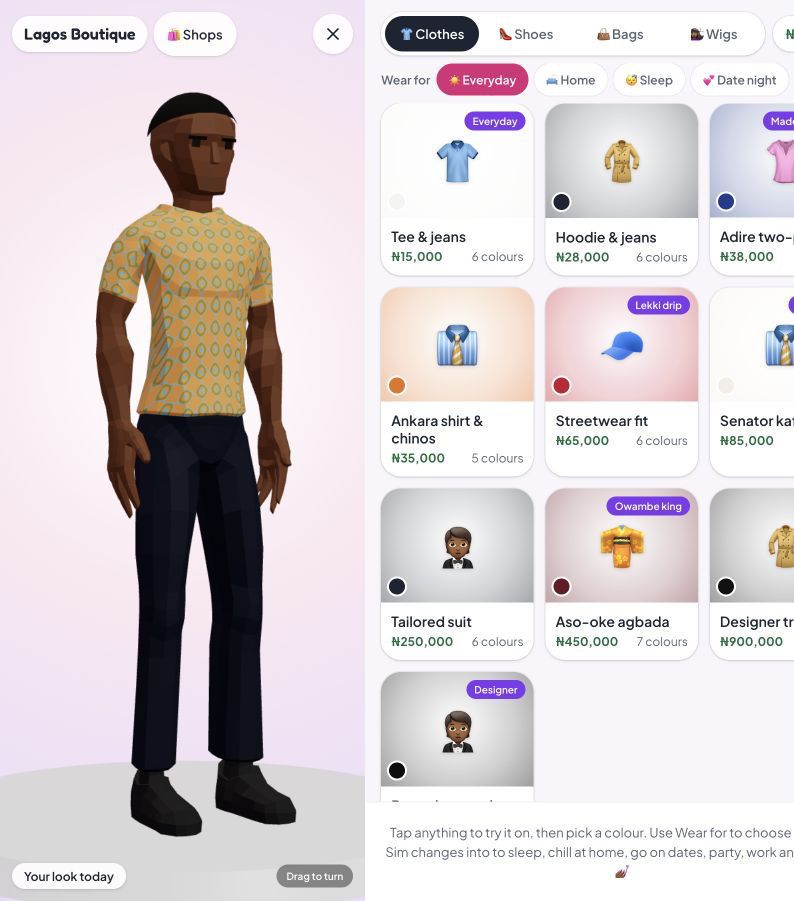 Lagos Life Boutique shows a character, clothing cards and game-naira prices