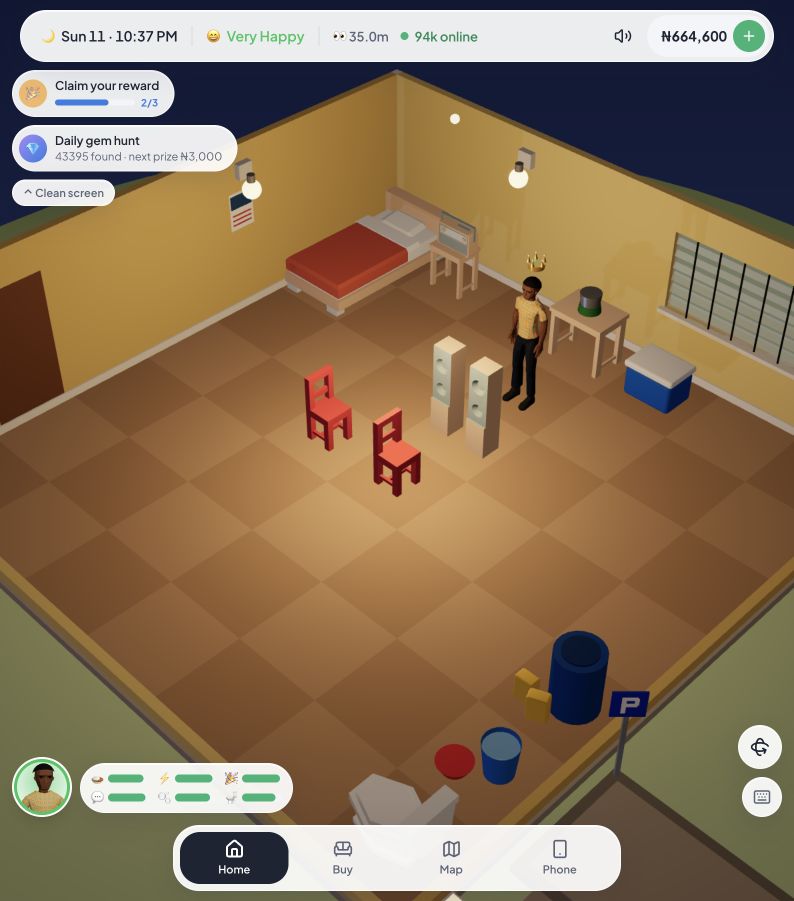Lagos Life Home with a player room, needs bars, wallet and bottom navigation