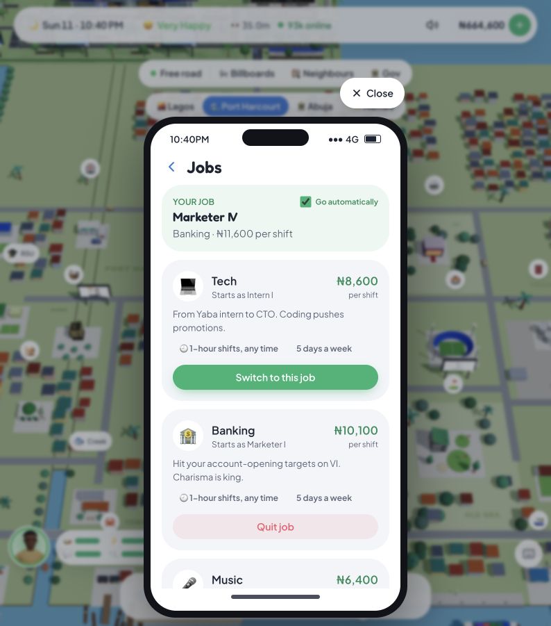 Lagos Life Jobs phone screen showing per-shift pay and current job