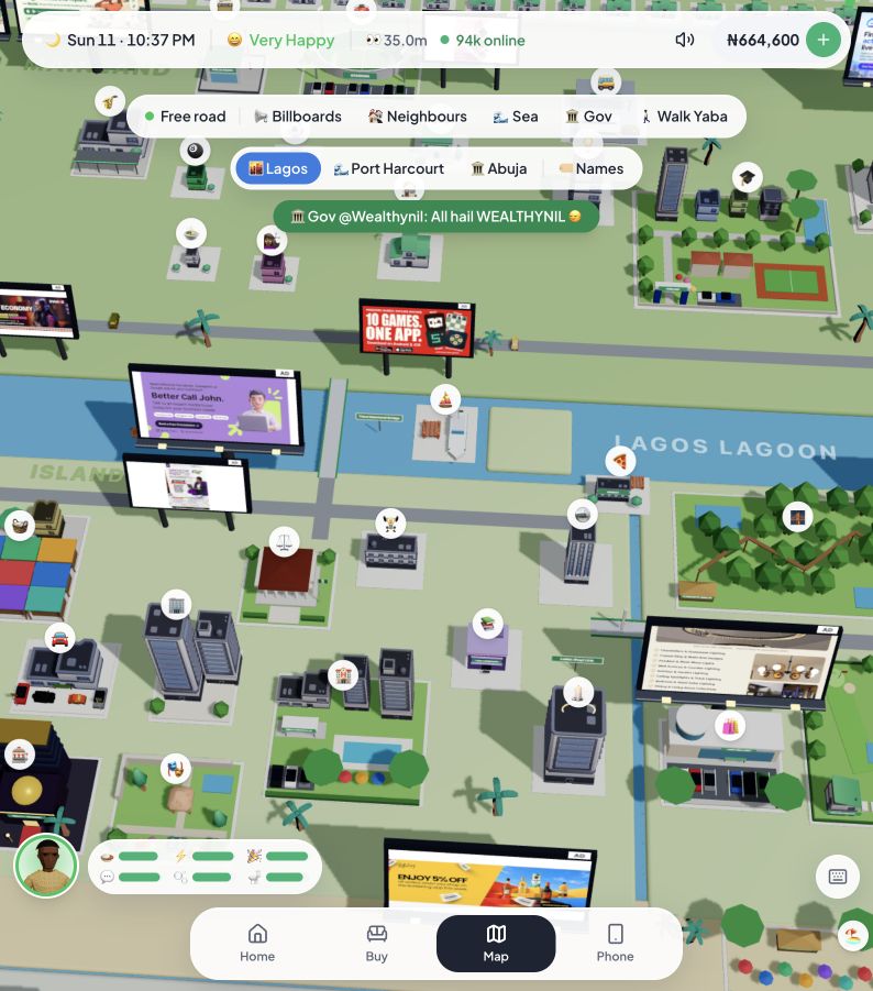 Lagos Life map with Lagos, Port Harcourt and Abuja tabs