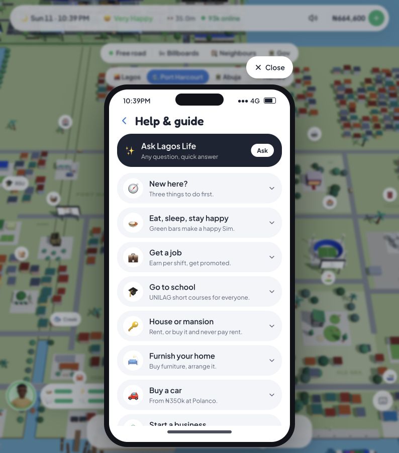 Lagos Life Phone showing Help and guide instructions