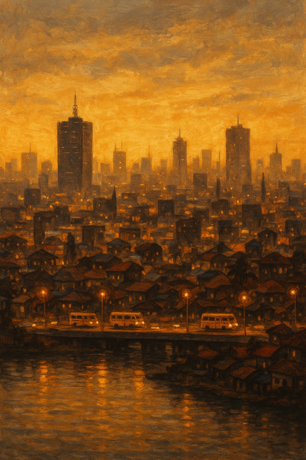 A painterly illustration of the Lagos skyline at golden dusk, the lagoon reflecting amber city lights