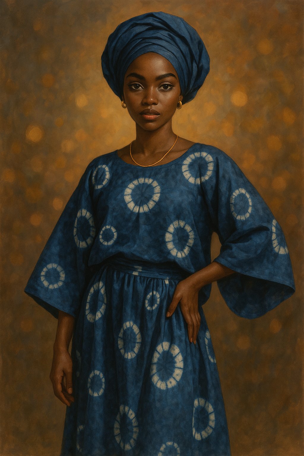 Glamour Girls muse Leila in a flowing indigo adire two-piece with white circular dye patterns and a matching headwrap