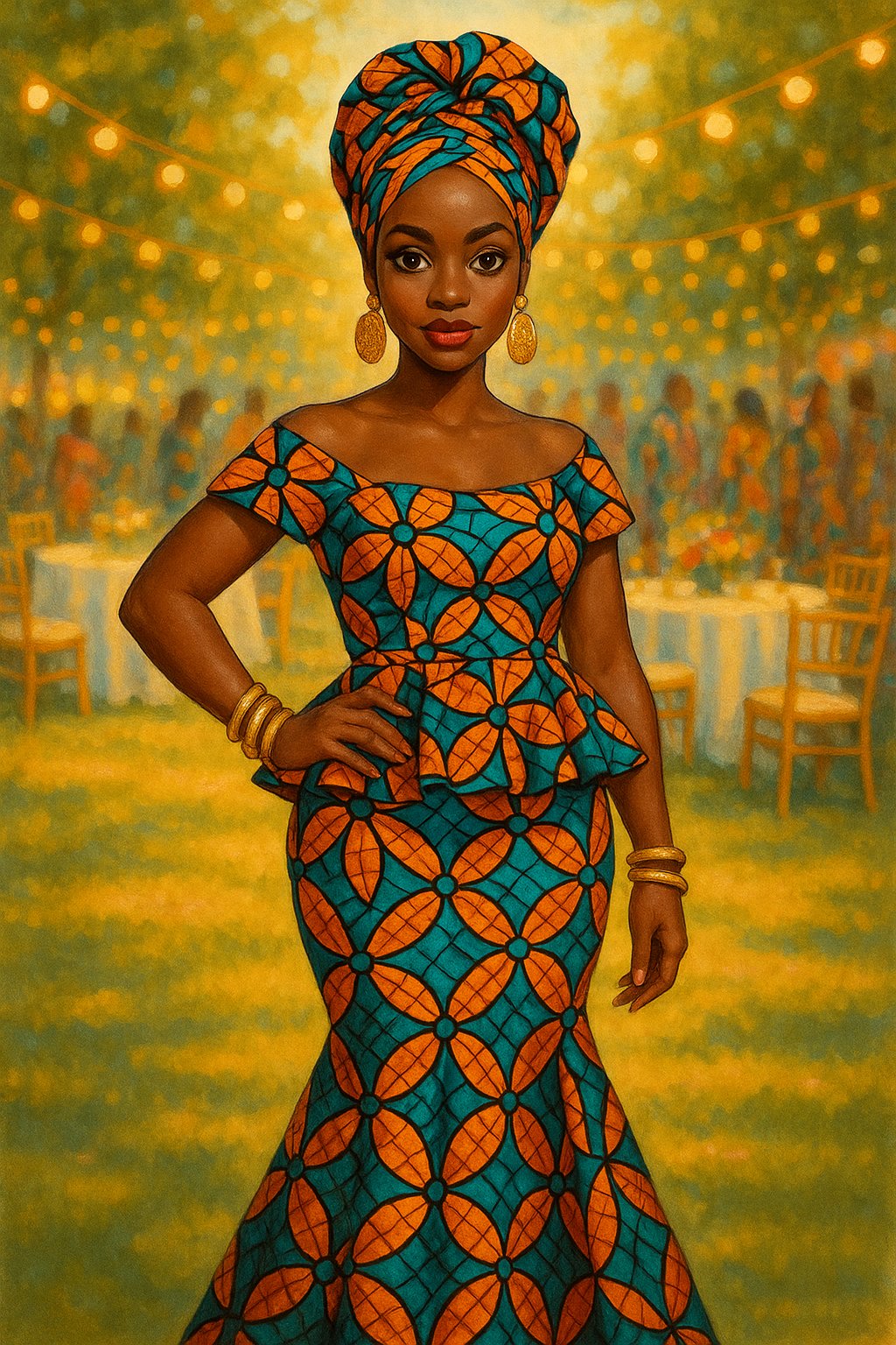 Glamour Girls muse Leila in a vibrant orange-and-teal ankara two-piece with a matching headwrap, gold earrings and bangles