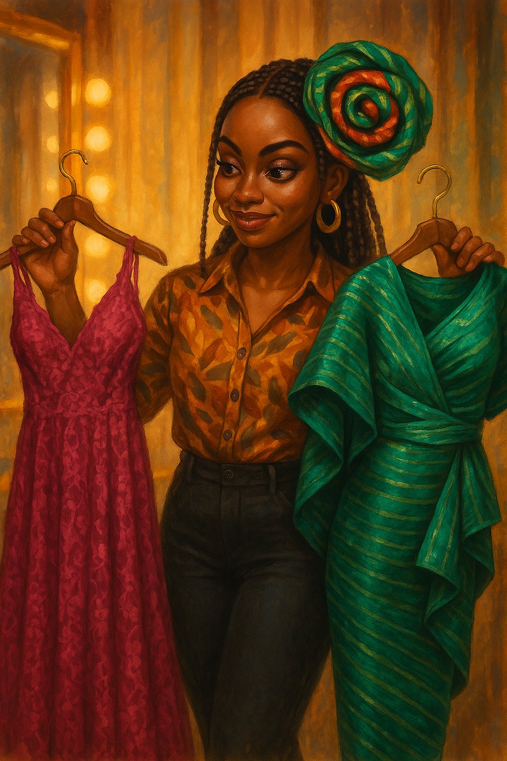 Glamour Girls muse Leila weighing a magenta lace gown and an emerald aso-oke outfit on two hangers with a playful evaluating smile