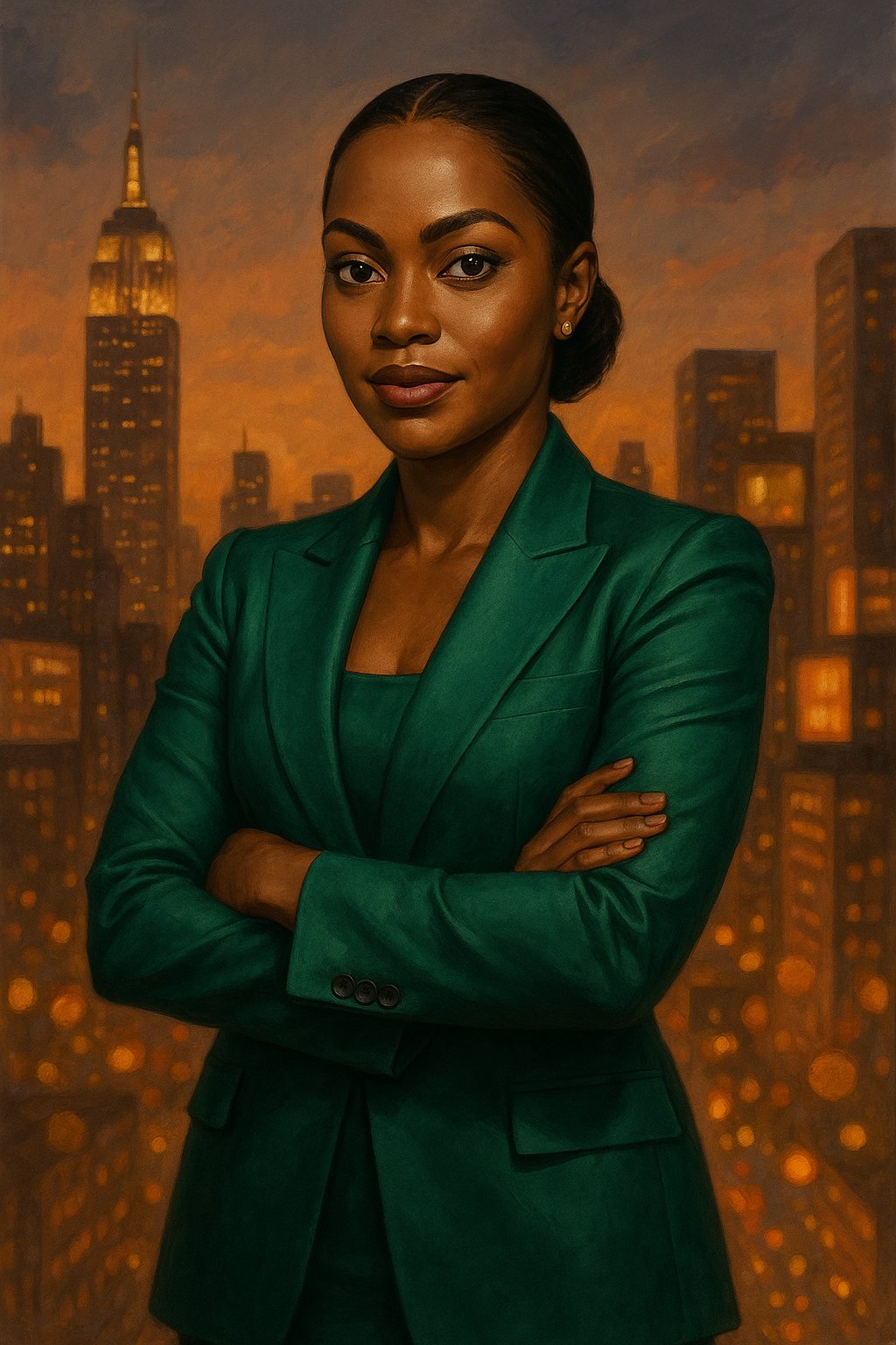 Glamour Girls muse Leila in a tailored emerald blazer, arms crossed in a confident Forbes-cover pose against a dusk city skyline of golden billboard lights