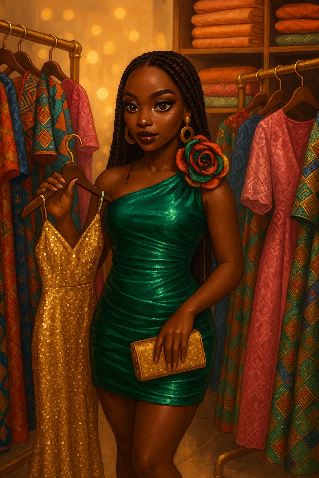 Glamour Girls muse Leila inside a Lagos fashion boutique, holding a gold sequined gown on a hanger beside rails of ankara and lace
