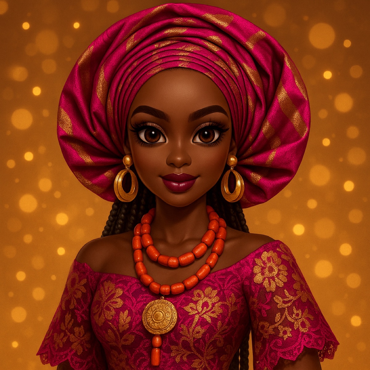 Glamour Girls muse Leila styled in a magenta and gold aso-ebi lace owambe outfit with a matching gele and coral beads