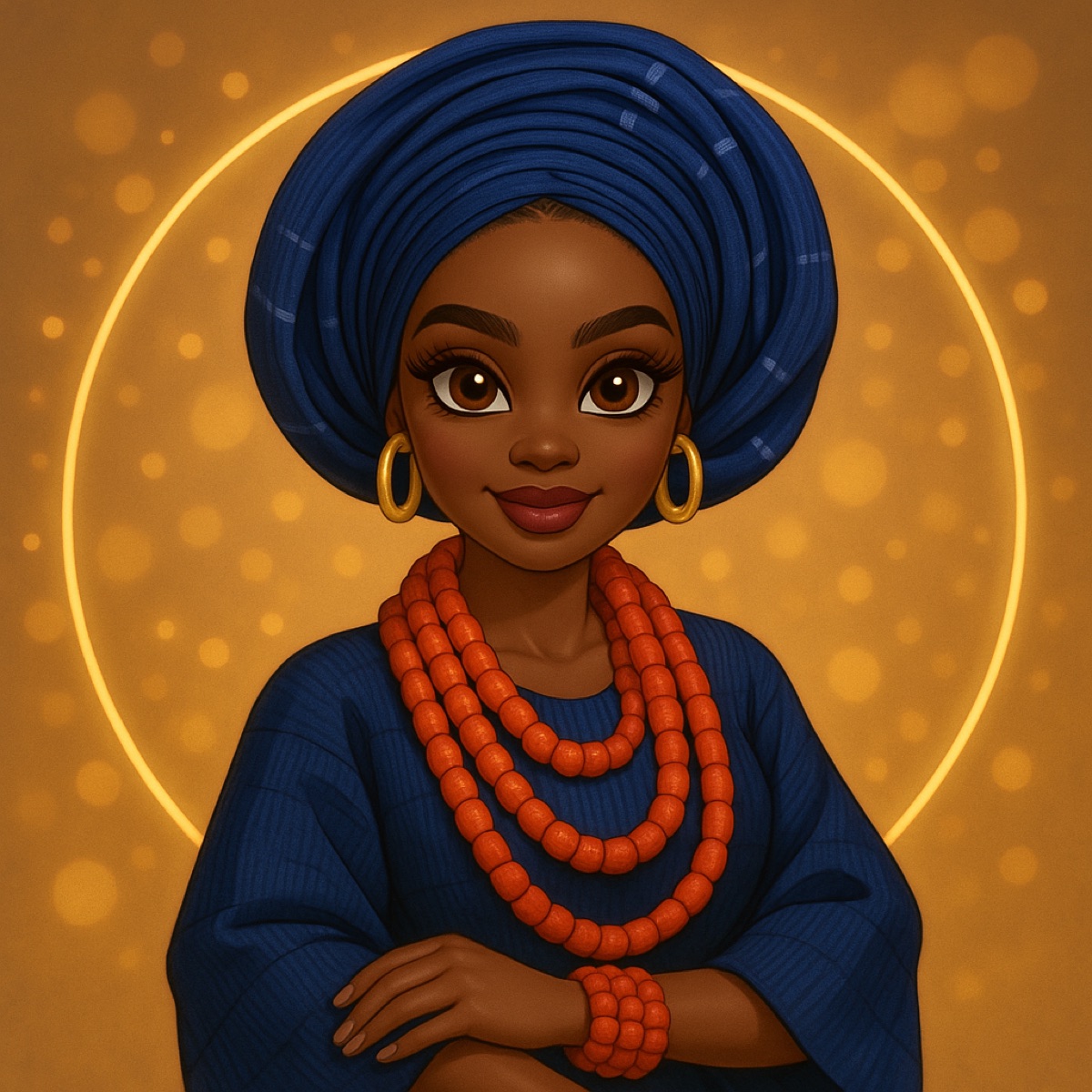 Glamour Girls muse Leila in a royal-blue aso-oke iro and buba with a matching gele and coral beads