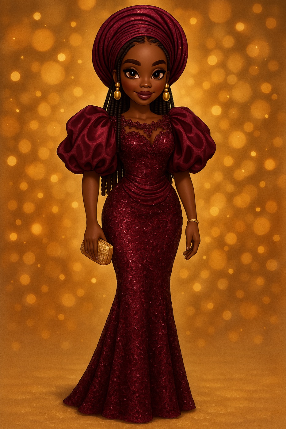 Glamour Girls muse Leila in a burgundy sequined-lace owambe gown with puff sleeves and a matching gele