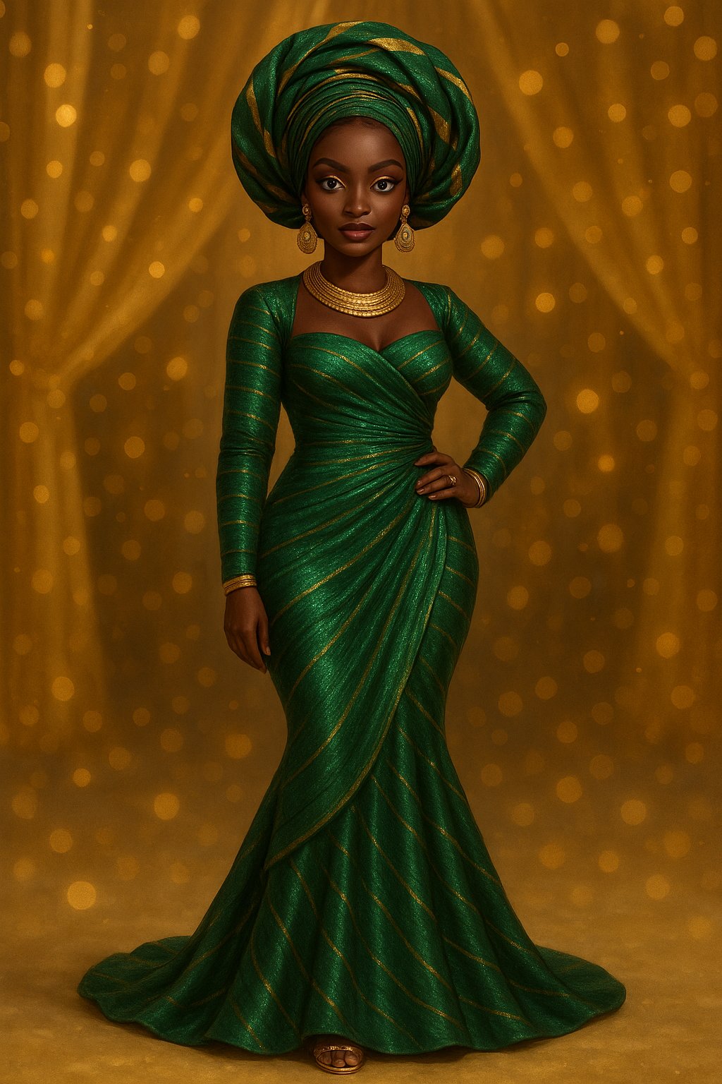 Glamour Girls muse Leila in an emerald-green and gold aso-oke owambe gown with a matching gele