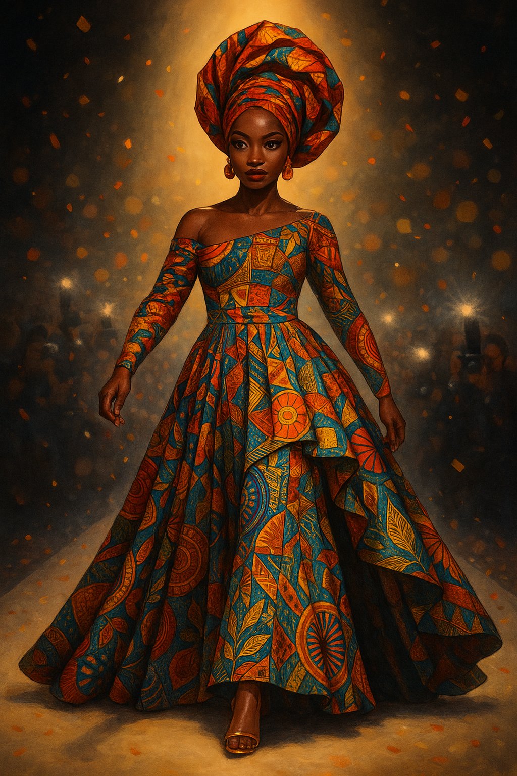 Glamour Girls muse Leila mid-stride on a runway in a dramatic ankara gown with a sculptural gele, under spotlights and camera flashes