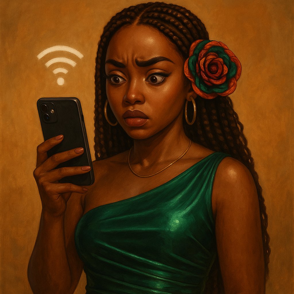 Glamour Girls muse Leila looking at her phone with a puzzled expression, a wifi icon glowing above it