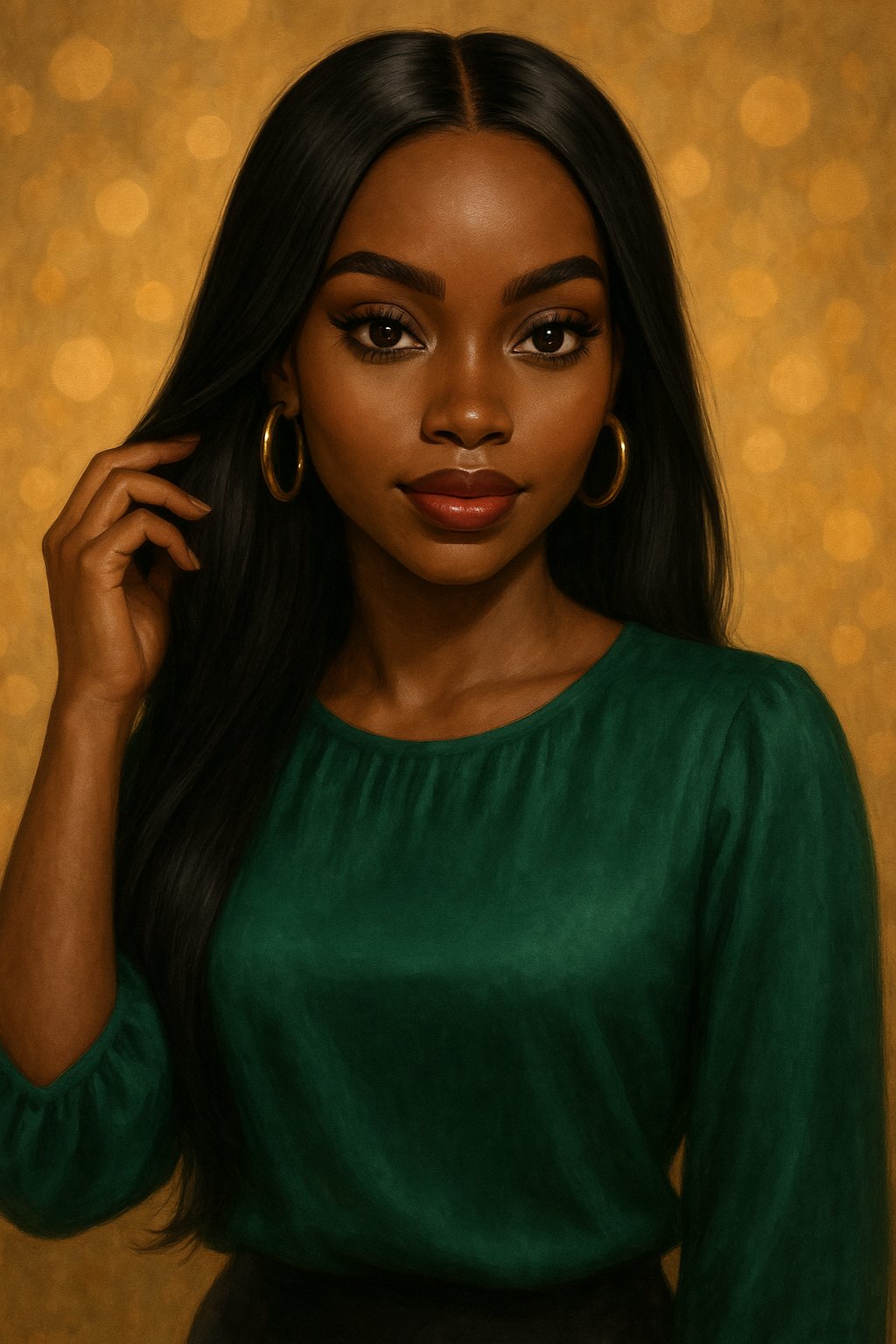Glamour Girls muse Leila in a long sleek bone-straight wig with a middle part, touching the silky hair against a gold background