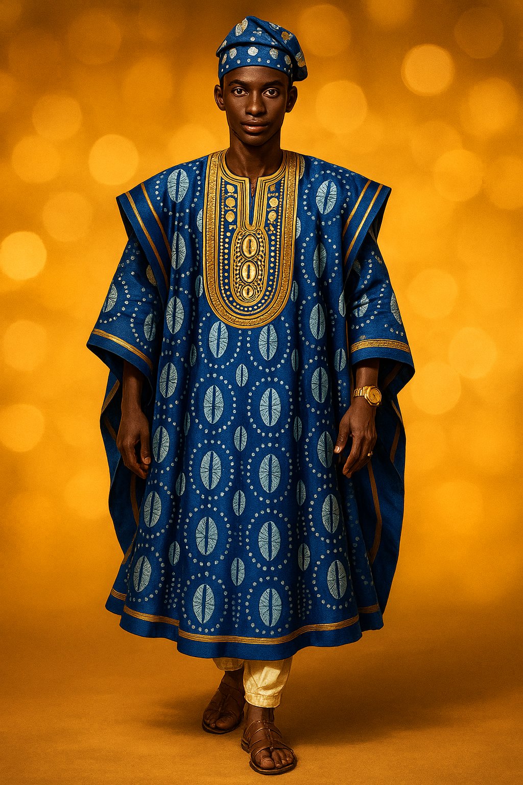 Glamour Girls muse Tunde in a blue adire agbada with gold embroidery and a matching fila cap