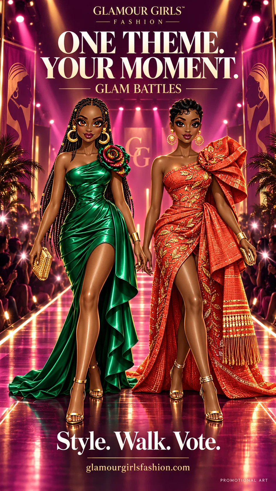 Emerald and coral couture looks on a gold-lit Glam Battles runway — promotional artwork.