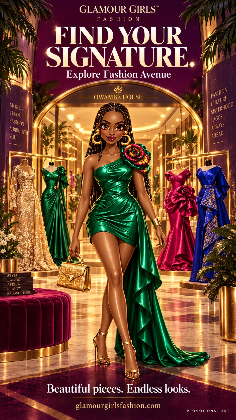 Leila and a collection of gold, emerald, fuchsia and cobalt gowns in a luxury boutique — promotional artwork.