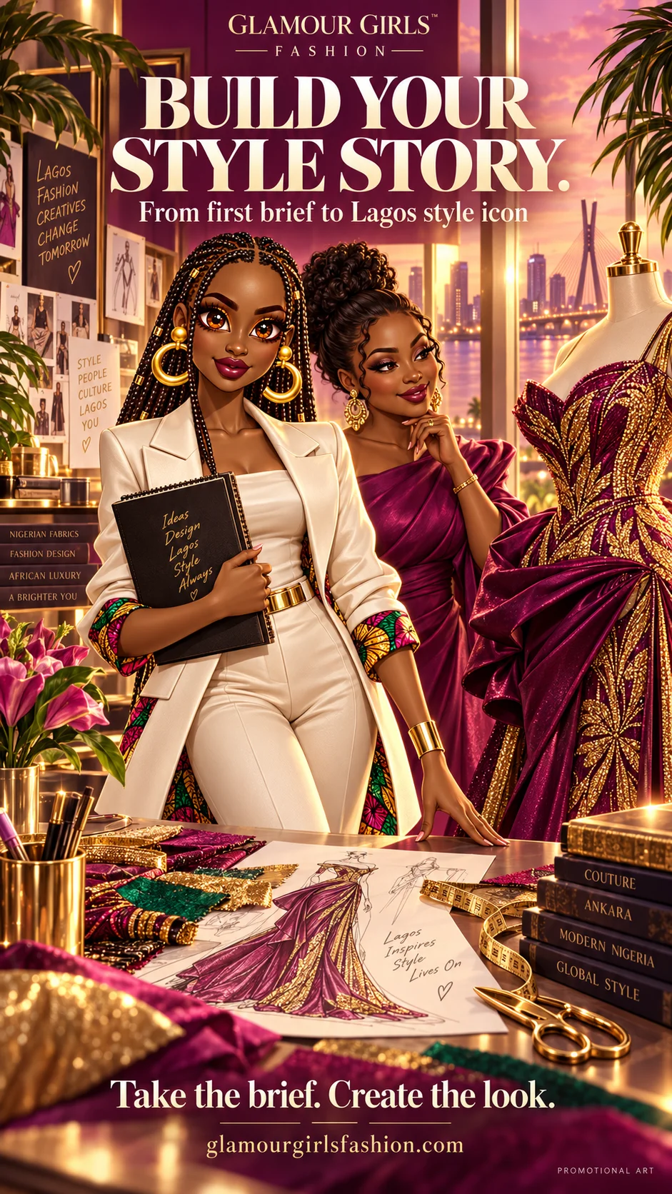 A stylist in ivory tailoring with her sketchbook, client and couture fabrics — promotional artwork.